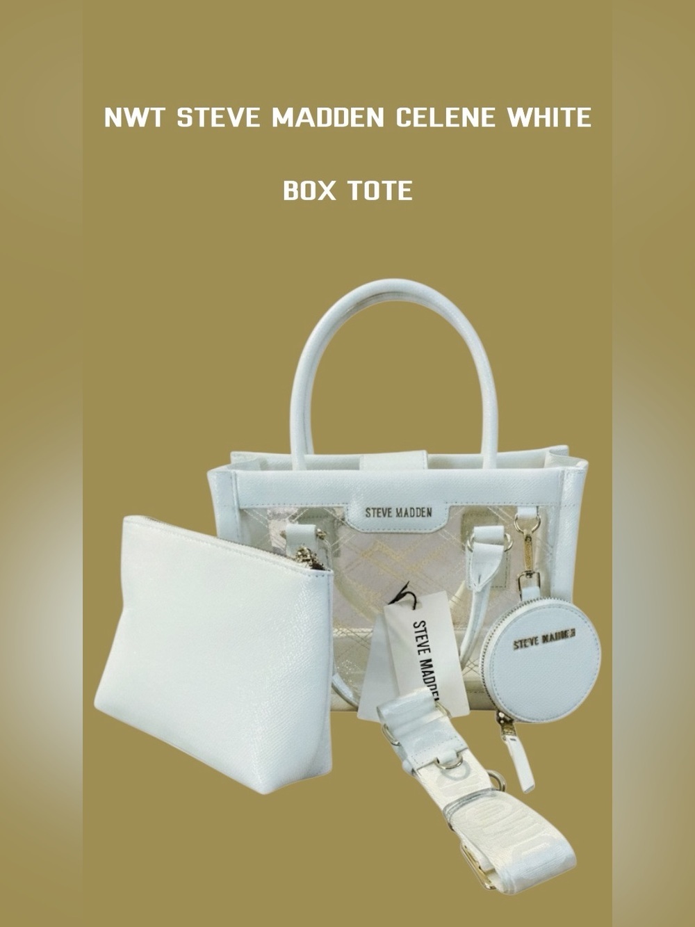 🌼NWT-Steve Madden White Box Tote Set with Pouch, Strap & Coin Case